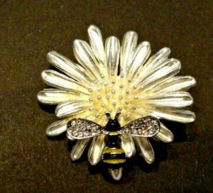 Crystal Winged Bee on Enamel Flower Brooch