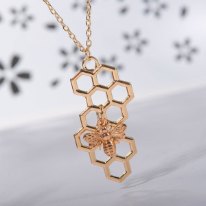 Best Sterling Silver Bee Jewelry - Gold Honeycomb Necklace with Bee Charm