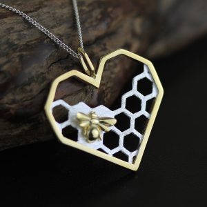 Sterling Silver Bee Jewelry - Honeycomb Heart Necklace